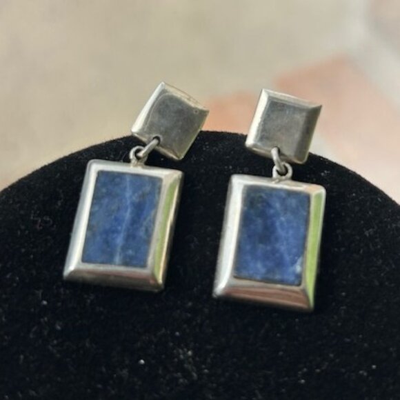 TAXCO MEXICO 925 Silver Lapis Lazuli Stone Rectangle Drop EARRINGS